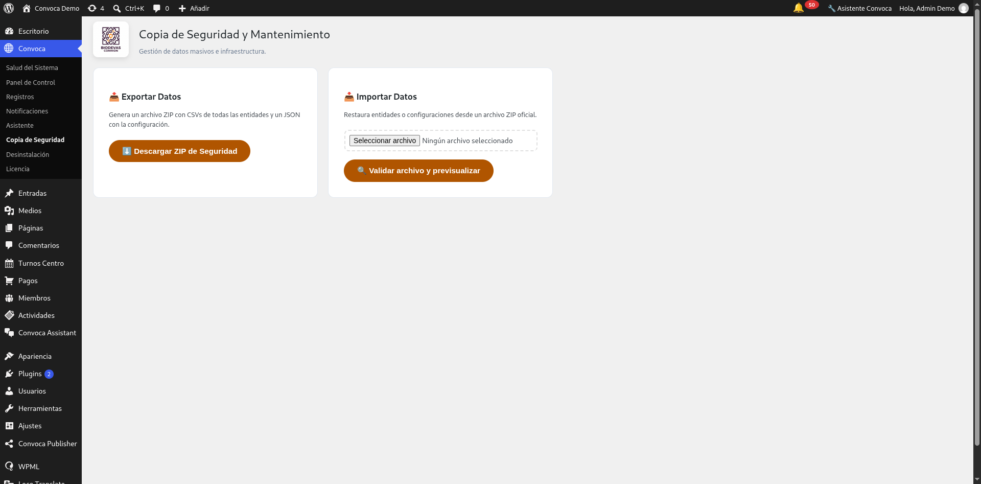 Pantalla Copia de Seguridad y Mantenimiento: exportar datos e importar datos