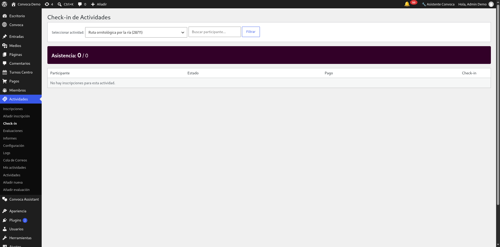 Pantalla de Check-in con el selector de actividad y el contador de asistencia