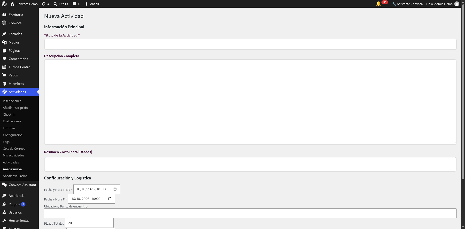 El editor de una actividad, con sus fechas, lugar, plazas y precios