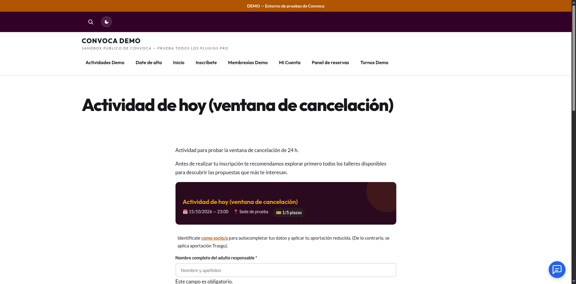 El formulario de inscripción, en la ficha de la actividad