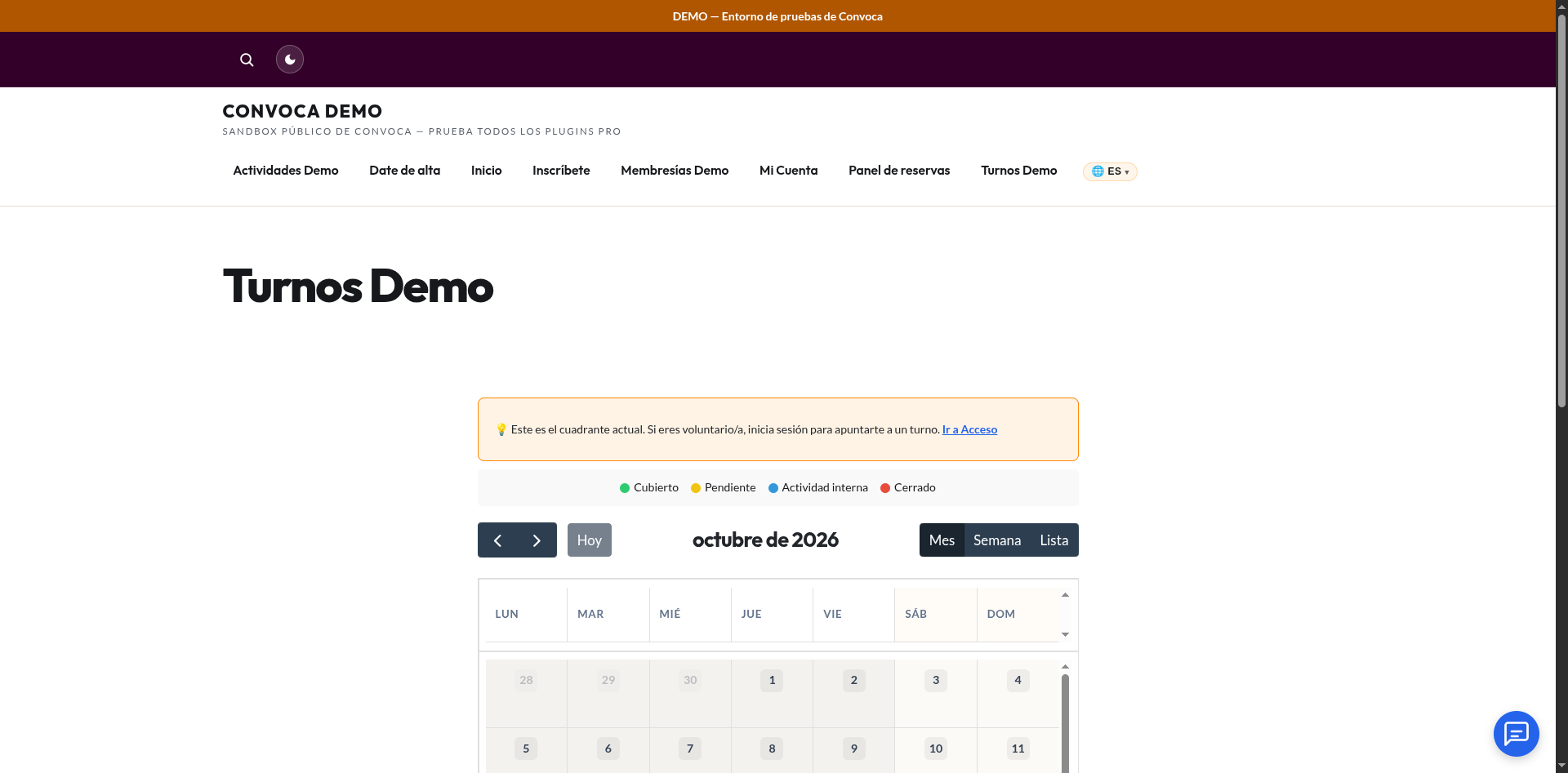 El calendario de turnos en la web pública