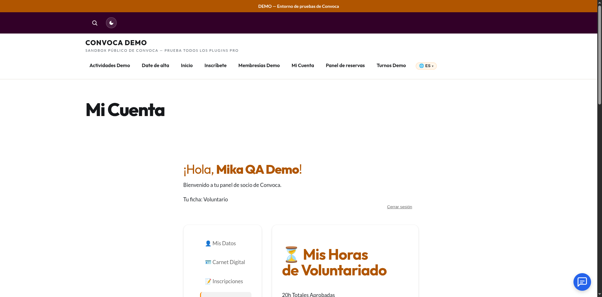 Panel del socio · sección Voluntariado: 20 h aprobadas, nivel Brote al 66,7 % y la escala de niveles Semilla a Ecosistema