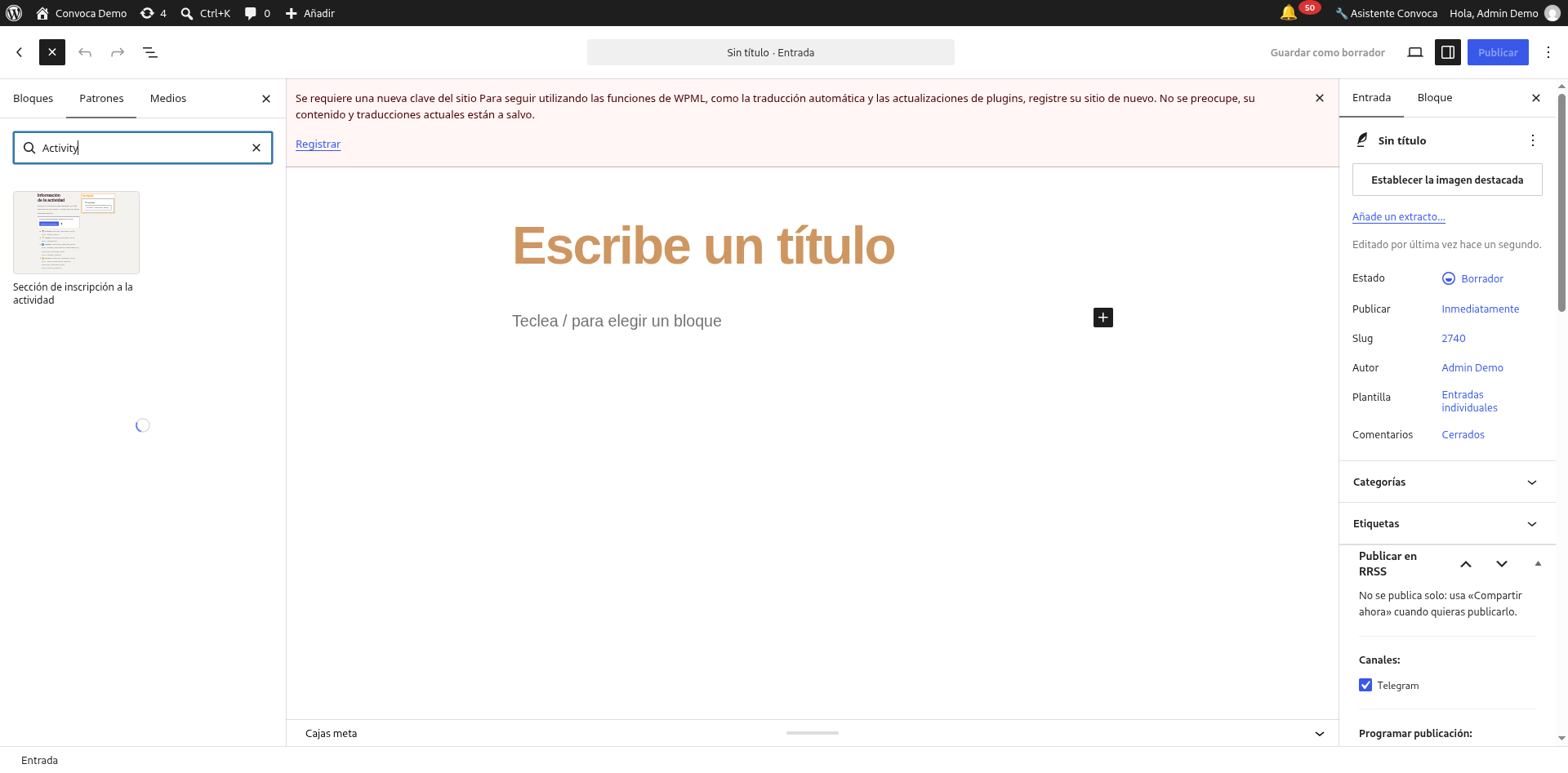 Los patrones del tema en el insertador del editor: se busca por nombre y se inserta con un clic
