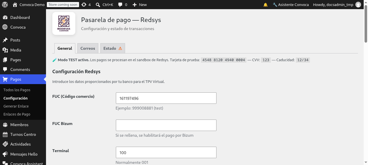 Ajustes de Redsys (pestaña General)