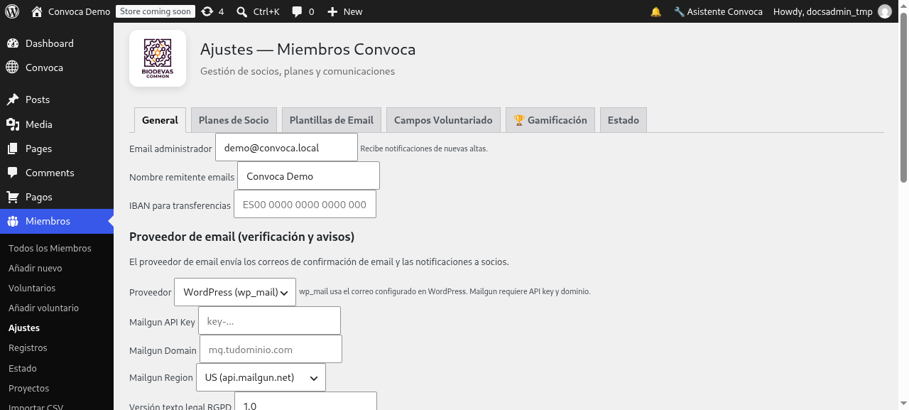 Ajustes de Convoca Members (General)